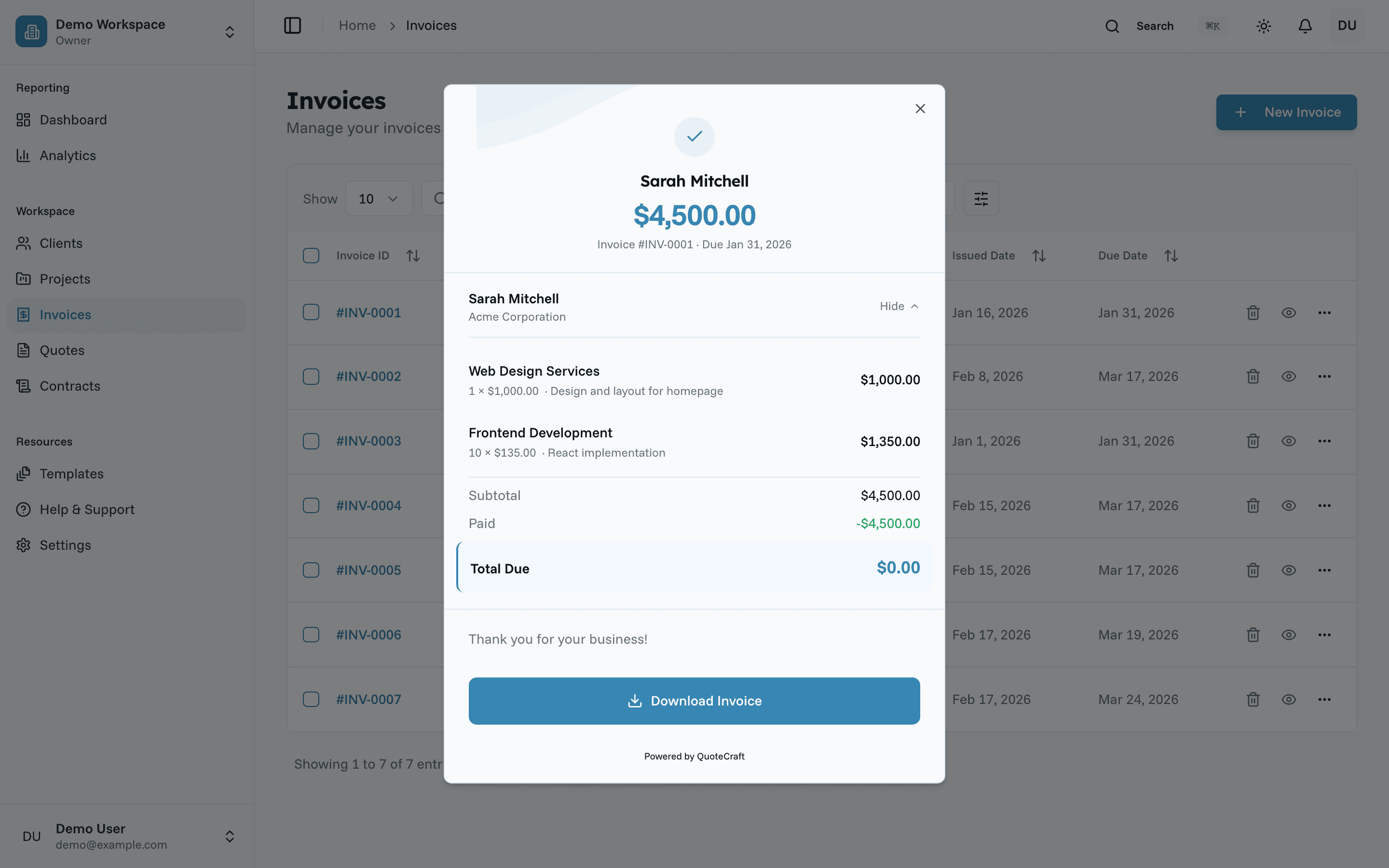 QuoteCraft invoice popup with line items, totals, and download option